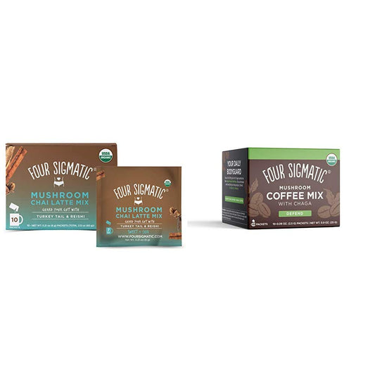 Four Sigmatic Chai Latte, Organic Instant Chai Latte with Turkey Tail, 10 Count & Four Sigmatic Mushroom Coffee, Organic Instant Mushroom Coffee with Cordyceps and Chaga Mushrooms, 10 Count