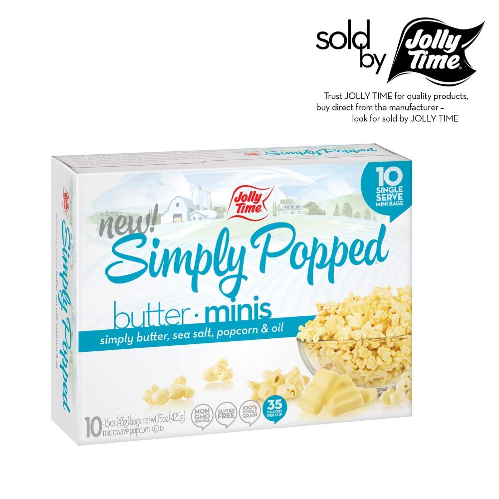 JOLLY TIME Natural Mini's Microwave Popcorn Bags, Single Serving Mini Snack Size, Gluten Free 3 Pack 10 Count Boxes (Simply Popped - Butter)