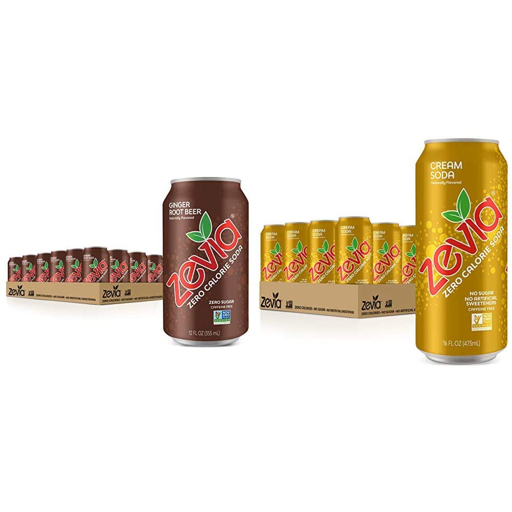 Zevia Zero Calorie Soda, Ginger Root Beer, Naturally Sweetened Soda, 12 Fl Oz, Pack of 24 & Cream Soda, Zero Calorie or Sugar, Naturally Sweetened, Carbonated Soda & Tasty, 16 Fl Oz, Pack of 12