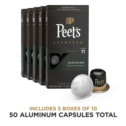 Peet's Coffee Espresso Capsules Nerissimo, Intensity 11, 50 Count Single Cup Coffee Pods Compatible with Nespresso Original Brewers