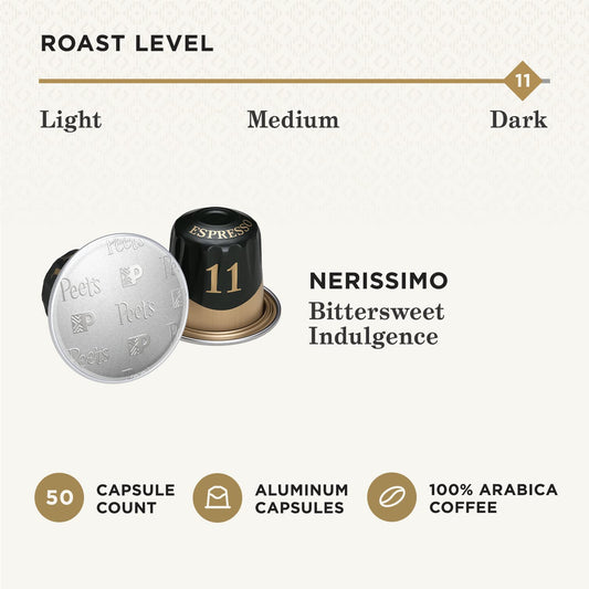 Peet's Coffee Espresso Capsules Nerissimo, Intensity 11, 50 Count Single Cup Coffee Pods Compatible with Nespresso Original Brewers
