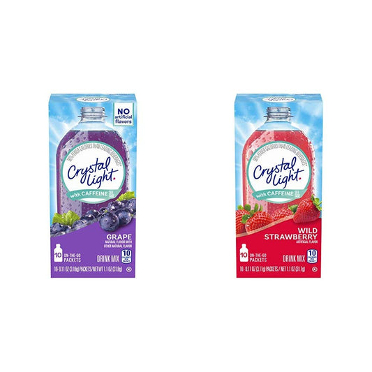 Crystal Light Sugar-Free Grape Energy Drink Mix with Caffeine (120 On-the-Go Packets, 12 Packs of 10) & Sugar-Free Wild Strawberry with Caffeine (120 On-the-Go Packets, 12 Packs of 10)