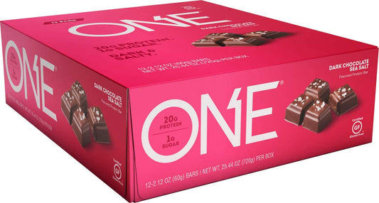 ONE 1 Protein Bars, Dark Chocolate Sea Salt, No Gluten, 20g Protein & only 1g Sugar, Guilt-Free Snacking for Diets, 2.12 Oz, 12 Count