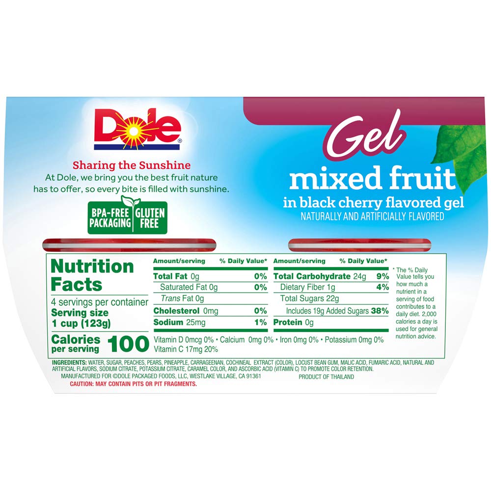 Dole Fruit Bowls Mixed Fruit in Black Cherry Gel, Gluten Free Healthy Snack, 4 - 4.3 Oz (Pack of 6), Total 24 Cups