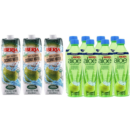 Iberia Organic Coconut Water, 1 Liter (Pack of 3) and Iberia Aloe Vera Drink with Aloe Pulp, Coconut, 16.9 oz (Pack of 8)