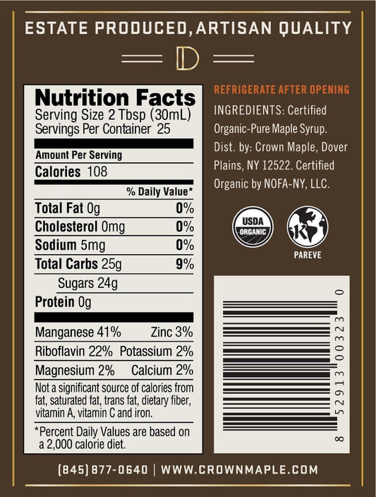 Crown Maple® Dark Color Robust Taste organic maple syrup 750ML (25 FL OZ)