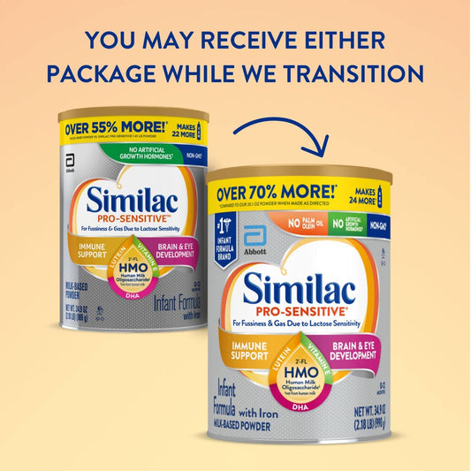 Similac Pro-Sensitive Non-GMO Infant Formula with Iron, with 2'-FL HMO, For Immune Support, Baby Formula, Powder, 34.9 oz, 3 Count (One Month Supply)