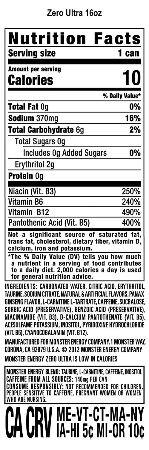 Monster Energy Zero Ultra, Sugar Free Energy Drink, 16 Ounce (Pack of 24)