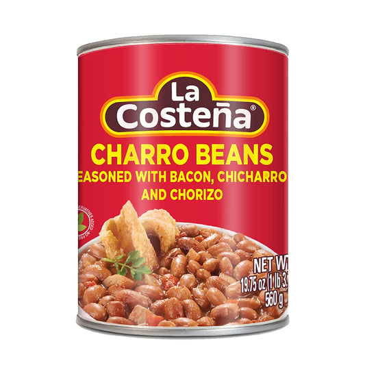 LA Costeña Whole Charro Beans | Pinto Beans with Onion, Garlic, Chorizo, Bacon, Chicharrones, and Tomato | 19.75 Ounce Can (Pack of 12)