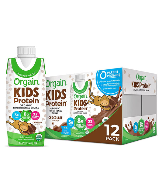 Orgain Organic Kids Protein Nutritional Shake, Chocolate - 8g of Protein, 22 Vitamins & Minerals, Fruits & Vegetables, Gluten Free, Soy Free, Non-GMO, 8.25 Oz, 12 Ct (Packaging May Vary)