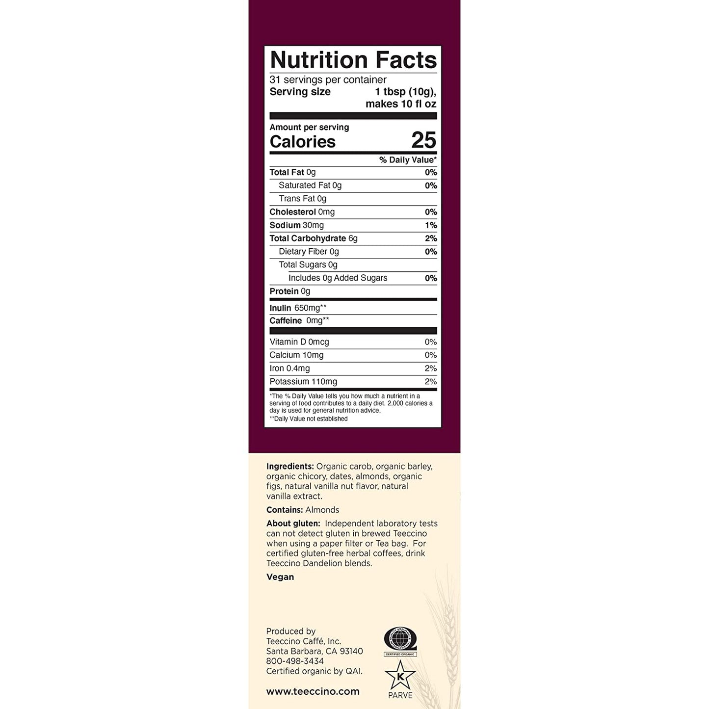 Teeccino Chicory Coffee Alternative - Vanilla Nut - Ground Herbal Coffee That’s Prebiotic, Caffeine Free & Acid Free, Medium Roast, 11 Ounce
