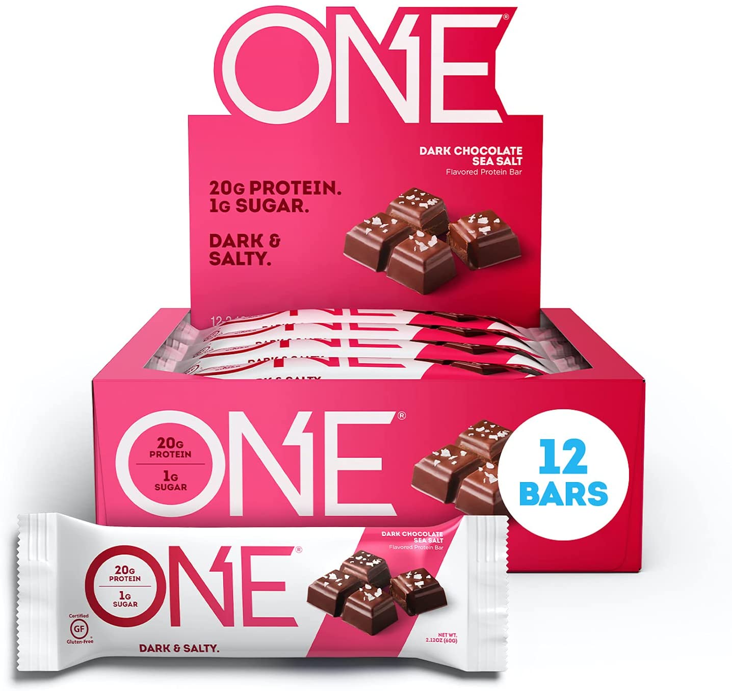 ONE 1 Protein Bars, Dark Chocolate Sea Salt, No Gluten, 20g Protein & only 1g Sugar, Guilt-Free Snacking for Diets, 2.12 Oz, 12 Count