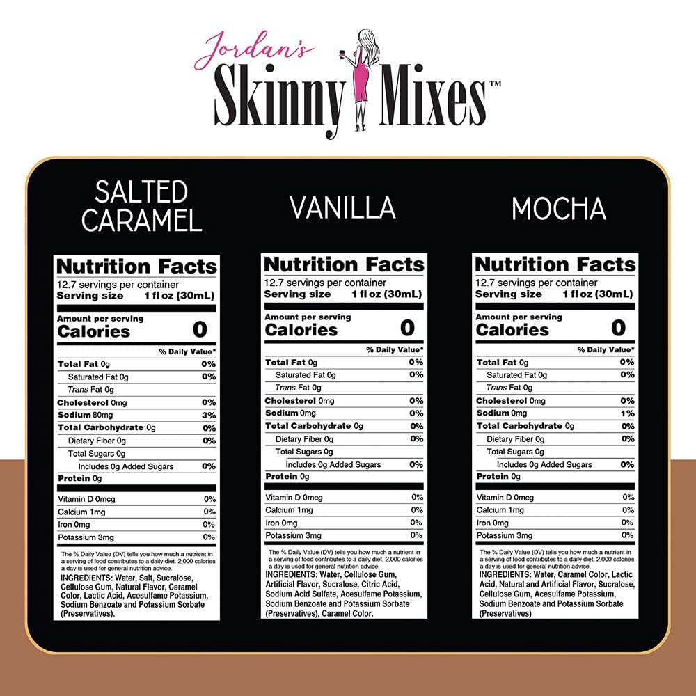 Jordan's Skinny Mixes Classic Coffee Syrup Trio Sugar Free Salted Caramel, Vanilla, Mocha, 12.7 Fl Oz, Pack of 3