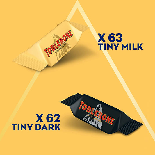 Toblerone Tiny Swiss Chocolate Candy Bars with Honey & Almond Nougat, Dark Chocolate, Milk Chocolate, 125 Ct Gift Bag