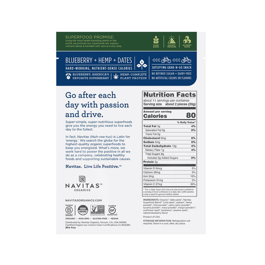 Navitas Organics Blueberry Hemp Superfood Power Snack, 8 oz. Bag, 11 Servings