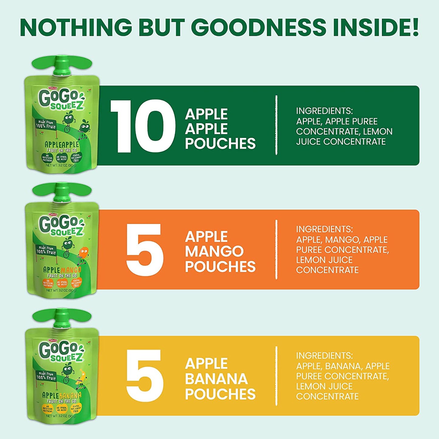 GoGo SqueeZ Fruit on The Go Variety Pack, Apple, Banana, & Mango, Tasty Kids Applesauce Snacks, Gluten, Nut & Dairy Free, Vegan, 3.2 Oz, Pack of 20
