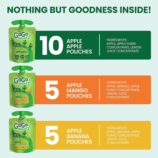GoGo SqueeZ Fruit on The Go Variety Pack, Apple, Banana, & Mango, Tasty Kids Applesauce Snacks, Gluten, Nut & Dairy Free, Vegan, 3.2 Oz, Pack of 20