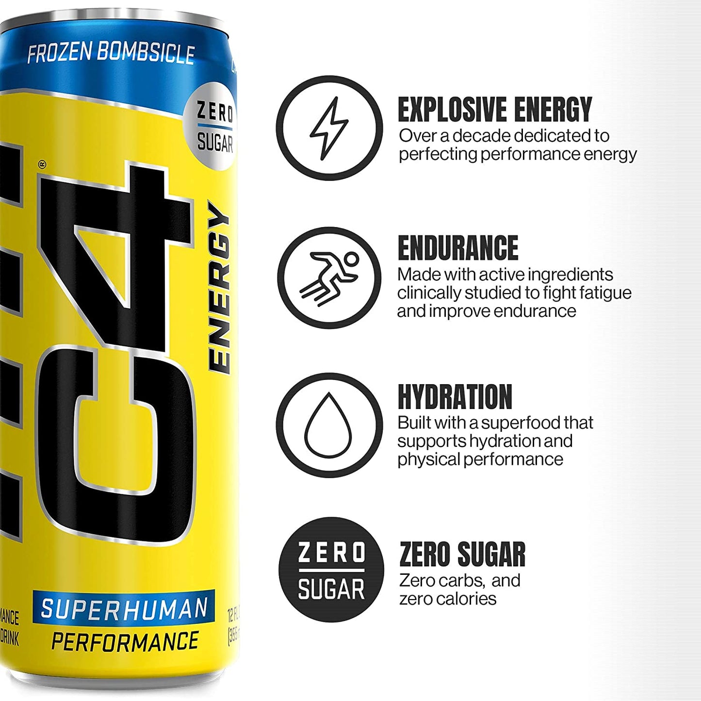 C4 Energy Drink 12oz (Pack of 12) - Frozen Bombsicle - Sugar Free Pre Workout Performance Drink with No Artificial Colors or Dyes