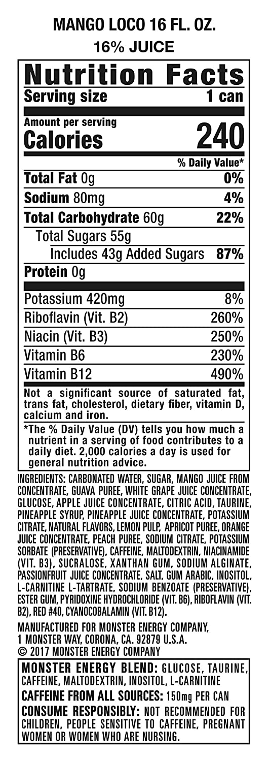 Monster Energy Juice Monster Mango Loco, Energy + Juice, Energy Drink, 16 Ounce (Pack of 24)