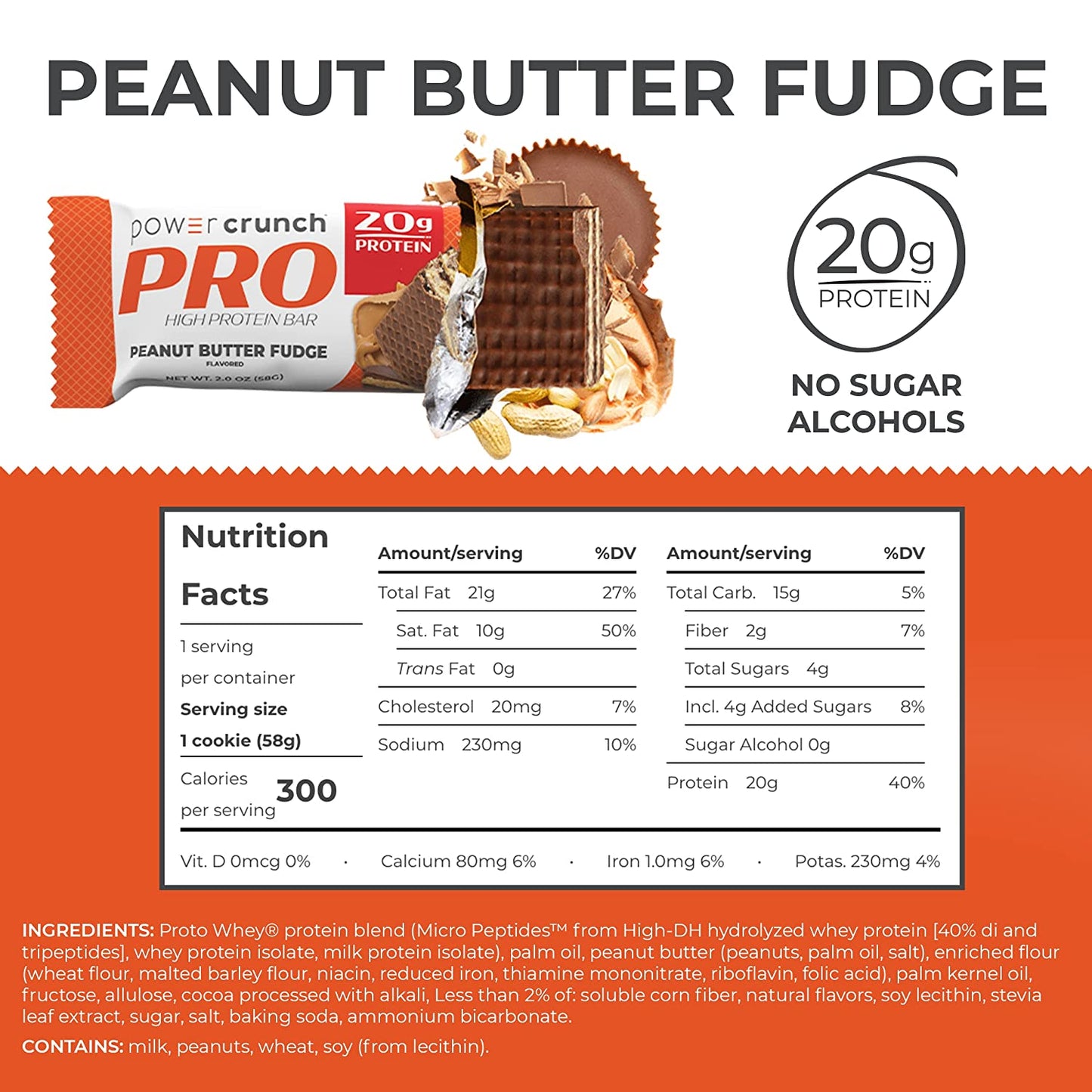 Power Crunch PRO Whey Protein Bar, High Protein Snacks with 20g Protein, Peanut Butter Fudge, 2 Ounces (12 Count) (Packaging May Vary)