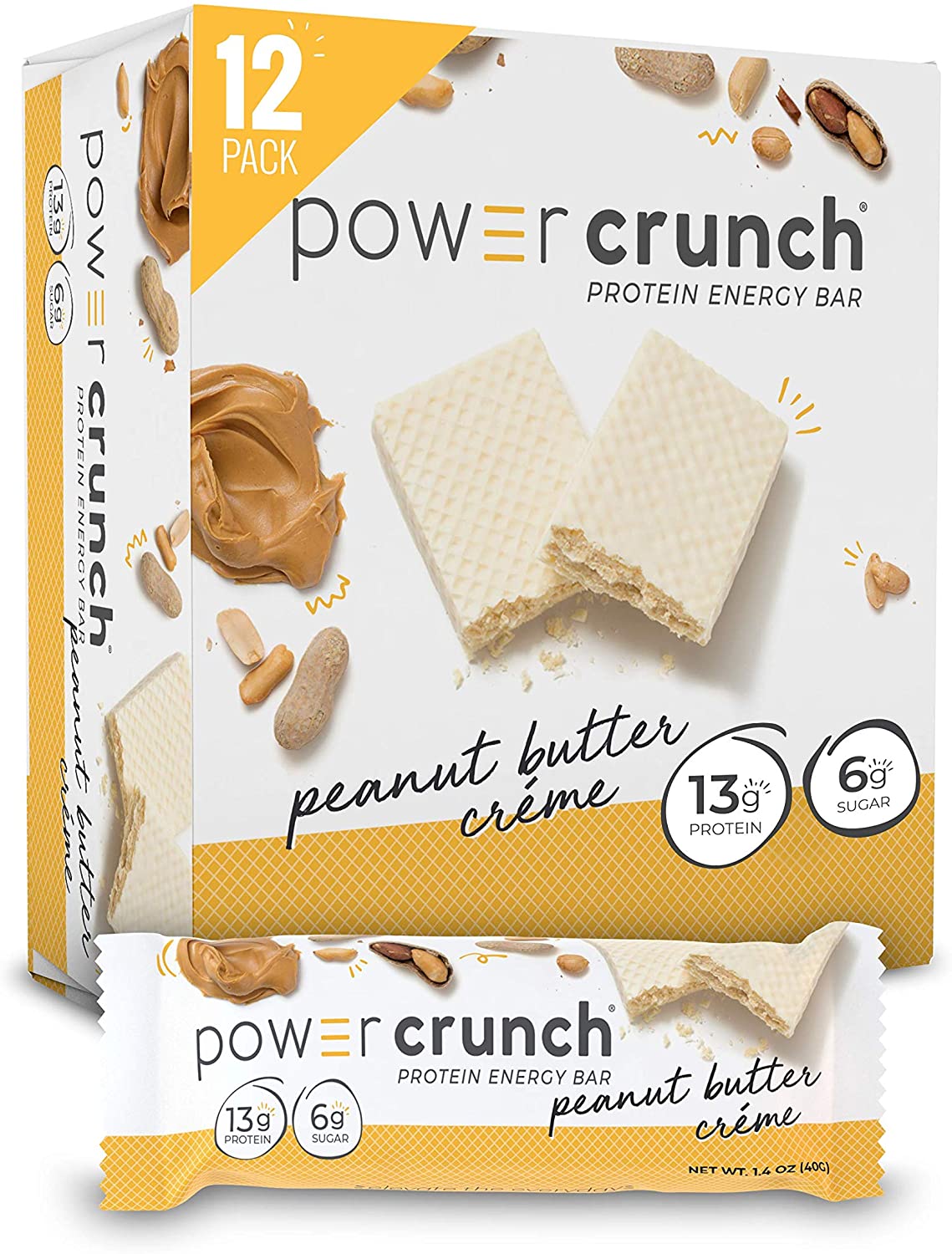 Power Crunch Whey Protein Bars, High Protein Snacks with Delicious Taste, Peanut Butter Crème, 1.4 Ounce (12 Count)