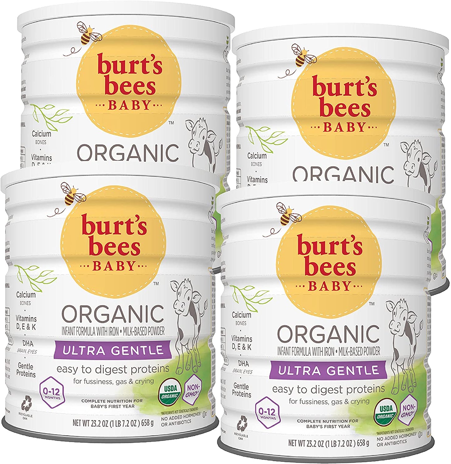 Burt's Bees Baby Organic Baby Formula, Ultra Gentle Formula, Easy To Digest, Infant Formula with Iron, Milk-Based Powder with Vitamin D, Vitamin E, Vitamin K, DHA, Calcium, 23.2oz (Pack of 4)