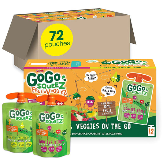 GoGo squeeZ fruit & veggieZ Variety Pack, Boulder Berry/Zippin' Zingin' Pear, 3.2 oz. (72 Pouches) - Apples, Pears, Berries & Carrots - Gluten Free Snacks for Kids - Nut & Dairy Free - Vegan Snacks