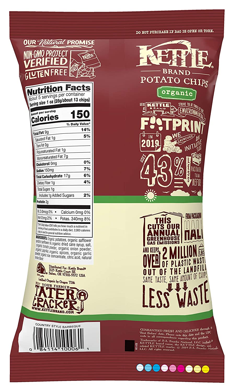 Kettle Brand Potato Chips, Organic Country Style Barbeque Kettle Chips, 5 Oz