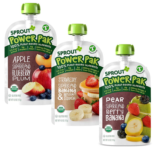 Sprout Organic Baby Food, Stage 4 Toddler Pouches, Apple Blueberry Plum, Strawberry Banana Squash, Pear Berry Banana Variety Pack, 4 Oz (Pack of 18)