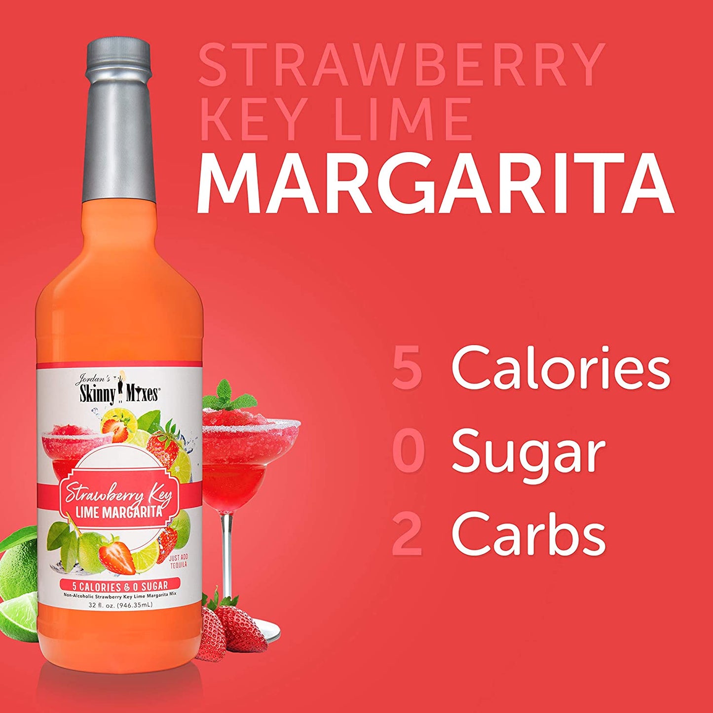 Jordan's Skinny Mixes Strawberry Key Lime Margarita, Sugar Free Cocktail Flavoring Mix, 32 Fl Oz