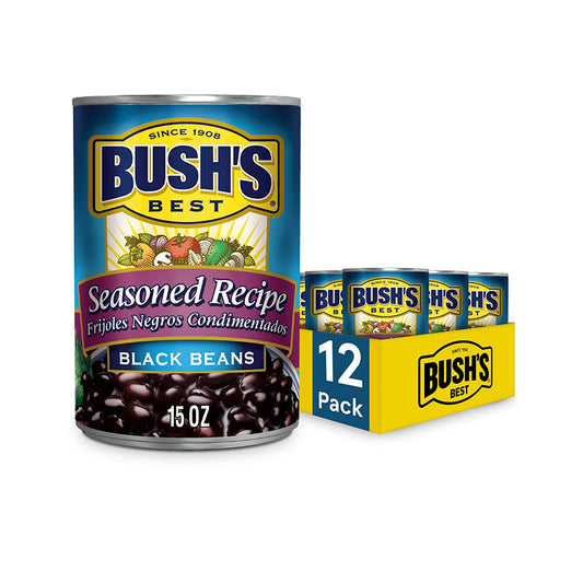 BUSH'S BEST Canned Seasoned Recipe Black Beans (Pack of 12), Source of Plant Based Protein and Fiber, Low Fat, Gluten Free, 15 oz