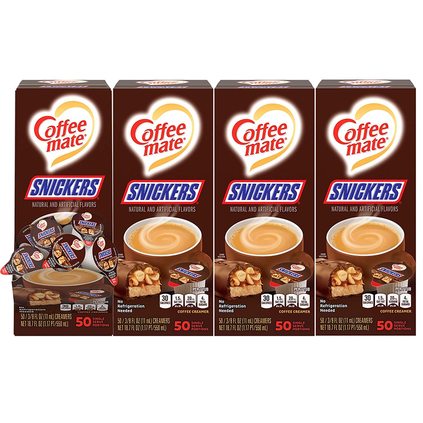 Nestle Coffee mate Coffee Creamer, Snickers, Liquid Creamer Singles, Non Dairy, No Refrigeration, Box of 50 Singles (Pack of 4)