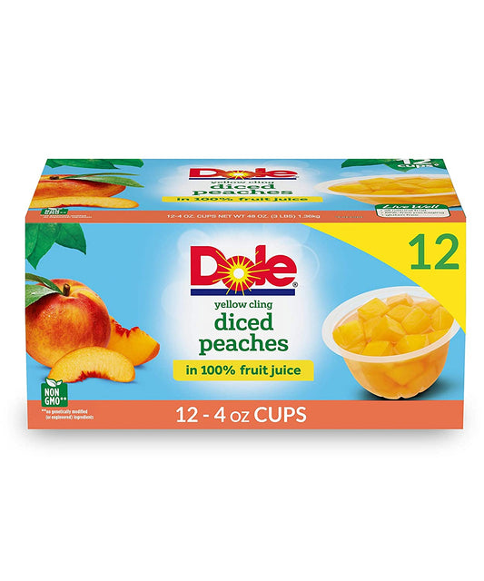 Dole Fruit Bowls Diced Peaches in 100% Juice, Gluten Free Healthy Snack, 4 Oz, 12 Total Cups