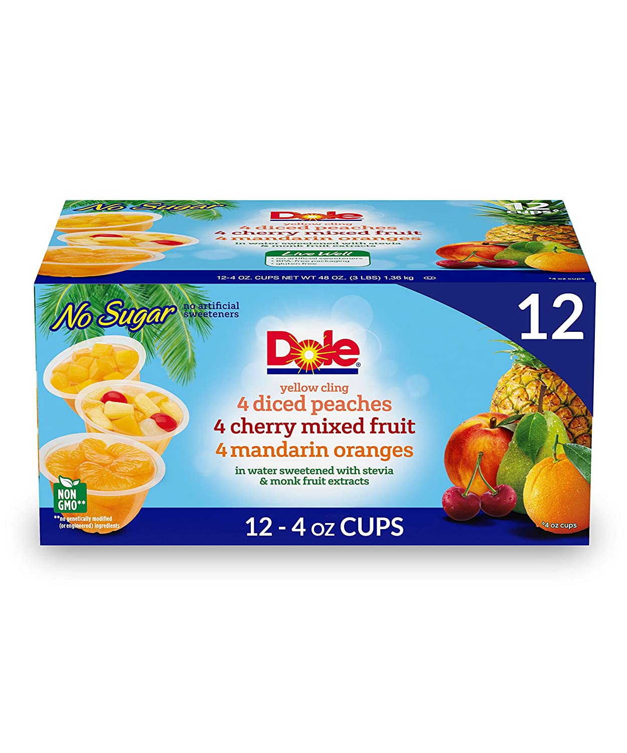 Dole Fruit Bowls Peaches, Mandarin Oranges & Cherry Mixed Fruit Variety Pack, No Sugar Added, Gluten Free Snack, 4 Ounce 12 Total Cups (Pack of 12)