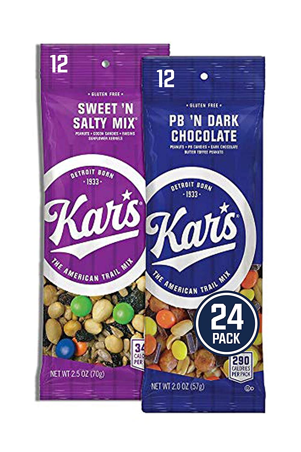 Kar's Nuts Trail Mix Variety Pack, Sweet ‘N Salty and Peanut Butter ‘N Dark Chocolate, Individually Wrapped, Gluten-Free Snack Mix, 24 Count