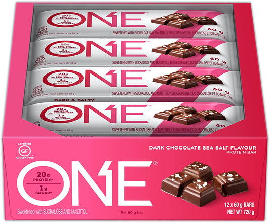 ONE 1 Protein Bars, Dark Chocolate Sea Salt, No Gluten, 20g Protein & only 1g Sugar, Guilt-Free Snacking for Diets, 2.12 Oz, 12 Count