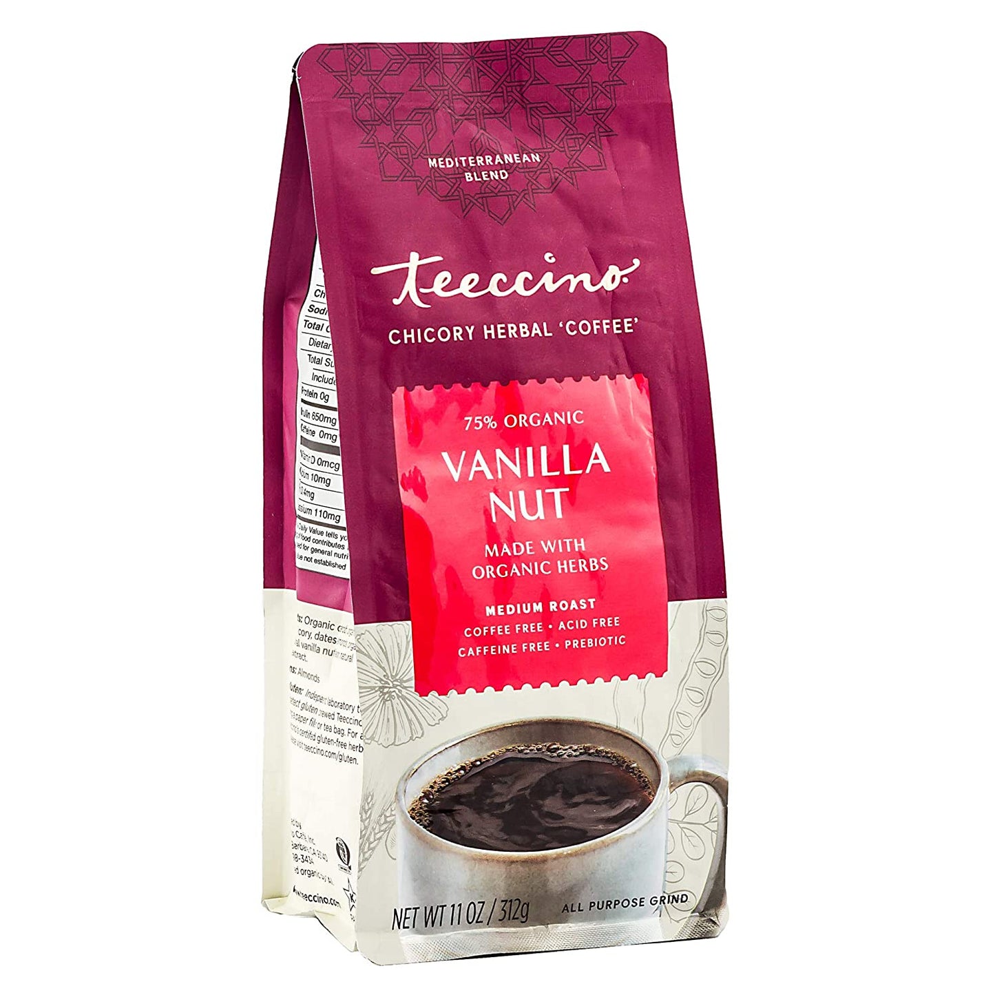 Teeccino Chicory Coffee Alternative - Vanilla Nut - Ground Herbal Coffee That’s Prebiotic, Caffeine Free & Acid Free, Medium Roast, 11 Ounce