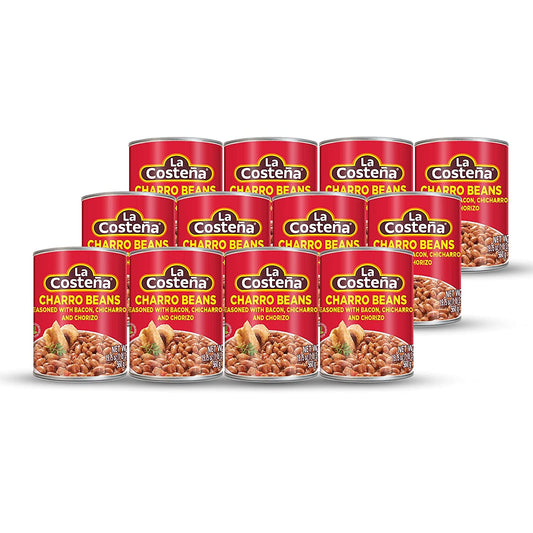 LA Costeña Whole Charro Beans | Pinto Beans with Onion, Garlic, Chorizo, Bacon, Chicharrones, and Tomato | 19.75 Ounce Can (Pack of 12)