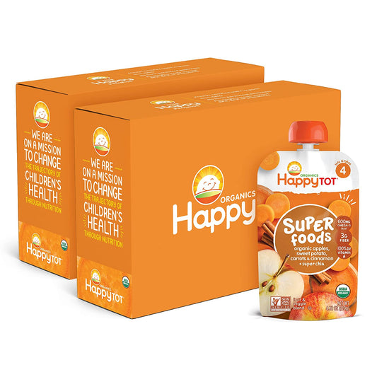 HAPPYTOT Organics Super Foods Stage 4, Apples, Sweet Potatoes, Carrots & Cinnamon + Super Chia, 4.22 Ounce Pouch (Pack of 16), Orange