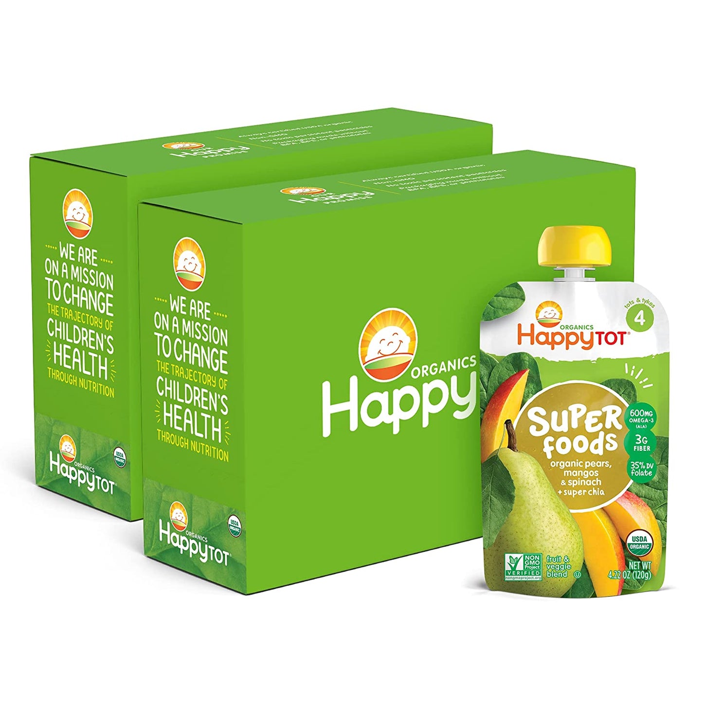 HAPPYTOT Organics Super Foods Stage 4, Pears, Mangos and Spinach + Super Chia, 4.22 Ounce Pouch (Pack of 16) packaging may vary