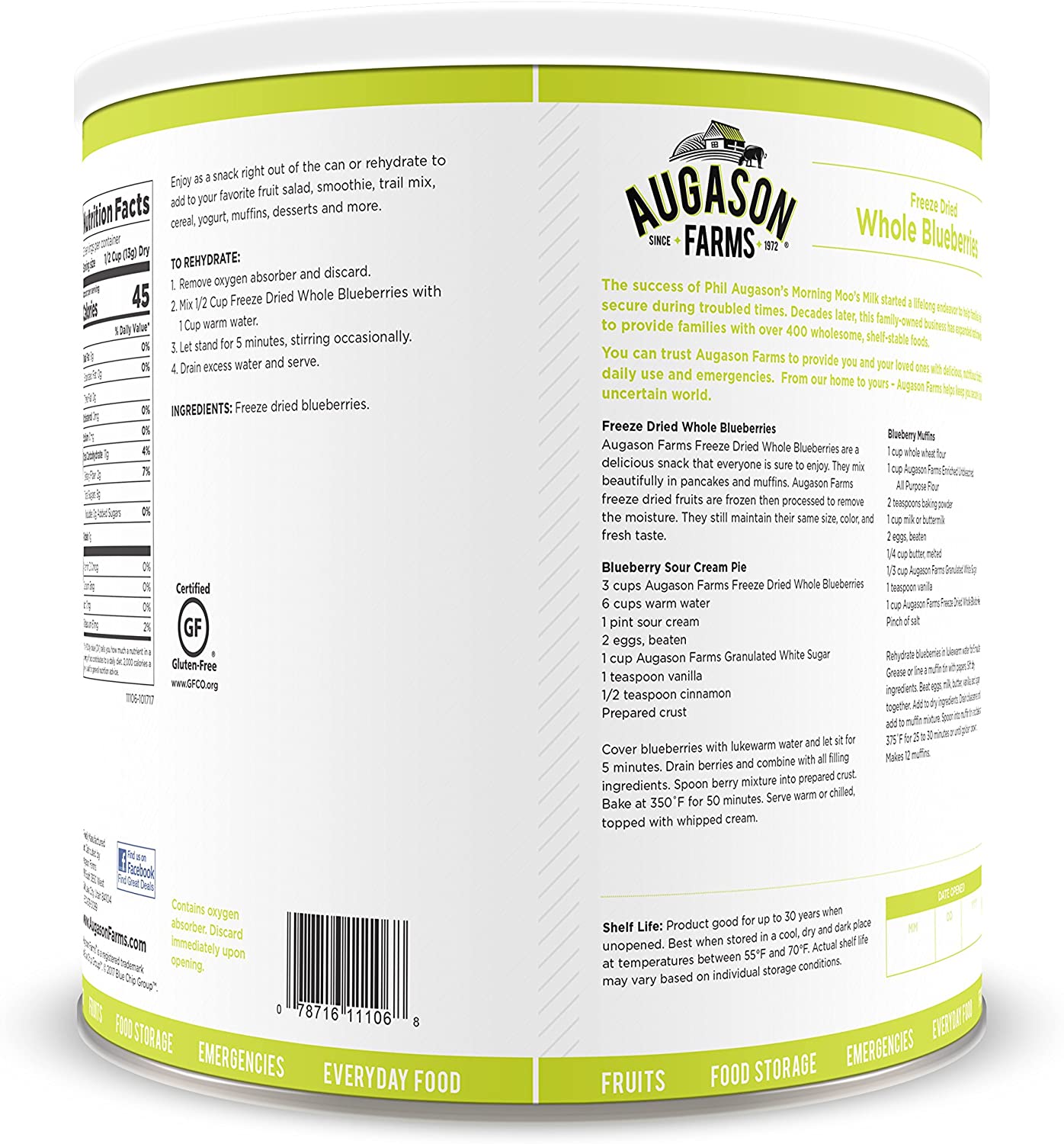 Augason Farms Freeze Dried Whole Blueberries 12 oz No. 10 Can