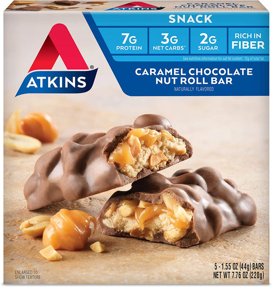 Atkins Snack Bar, Caramel Chocolate Nut Roll, Keto Friendly, 1.55 Ounce (5 Bars)