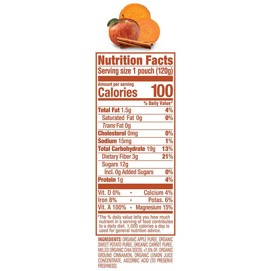 HAPPYTOT Organics Super Foods Stage 4, Apples, Sweet Potatoes, Carrots & Cinnamon + Super Chia, 4.22 Ounce Pouch (Pack of 16), Orange