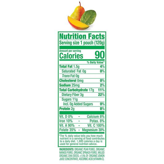HAPPYTOT Organics Super Foods Stage 4, Pears, Mangos and Spinach + Super Chia, 4.22 Ounce Pouch (Pack of 16) packaging may vary