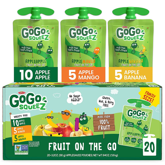 GoGo SqueeZ Fruit on The Go Variety Pack, Apple, Banana, & Mango, Tasty Kids Applesauce Snacks, Gluten, Nut & Dairy Free, Vegan, 3.2 Oz, Pack of 20
