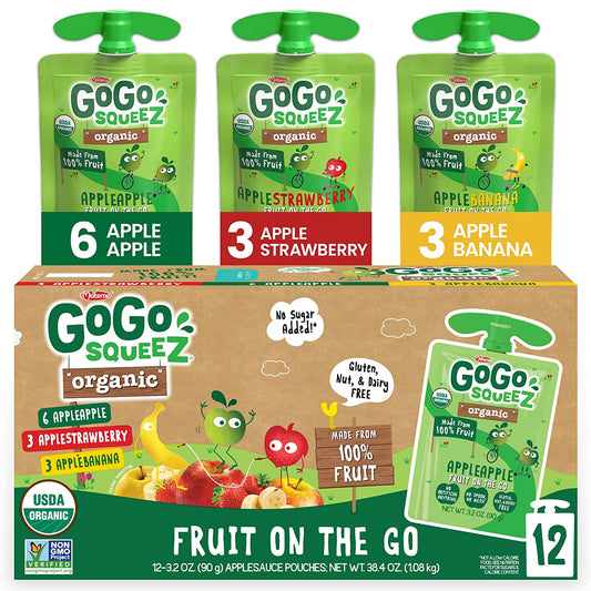 GoGo squeeZ Organic Fruit on the Go Variety Pack, Apple/Banana/Strawberry, 3.2 oz. (12 Pouches) - Made from Organic Apples, Bananas & Strawberries - Gluten Free Snacks - Nut & Dairy Free - Vegan Snack