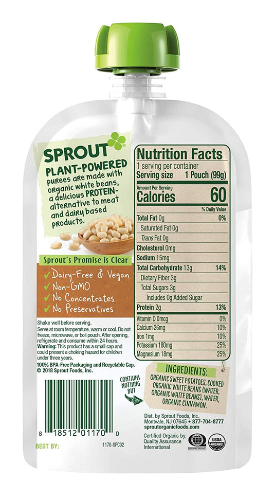 Sprout Organic Baby Food, Stage 2 Pouches, Sweet Potato & White Bean Plant Powered Protein, 3.5 Oz, Pack of 12