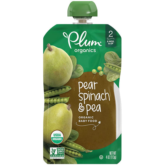 Plum Organics Baby Food Pouch | Stage 2 | Pear, Spinach and Pea | 3.5 Ounce | 12 Pack | Fresh Organic Food Squeeze | For Babies, Kids, Toddlers