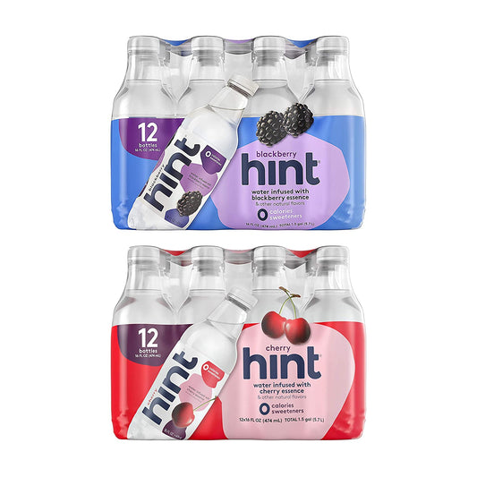 Hint Water Blackberry and Hint Water Cherry (Pack of 24), 12 Bottles Hint Blackberry & 12 Bottles Hint Cherry, Zero Calories, Zero Sugar and Zero Diet Sweeteners, 16 Ounce Bottles