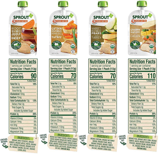 Sprout Organic Baby Food, Stage 3 Pouches, 8 Flavor Meat & Plant Protein Variety Pack, 4 Oz Purees (Pack of 12), Packaging May Vary